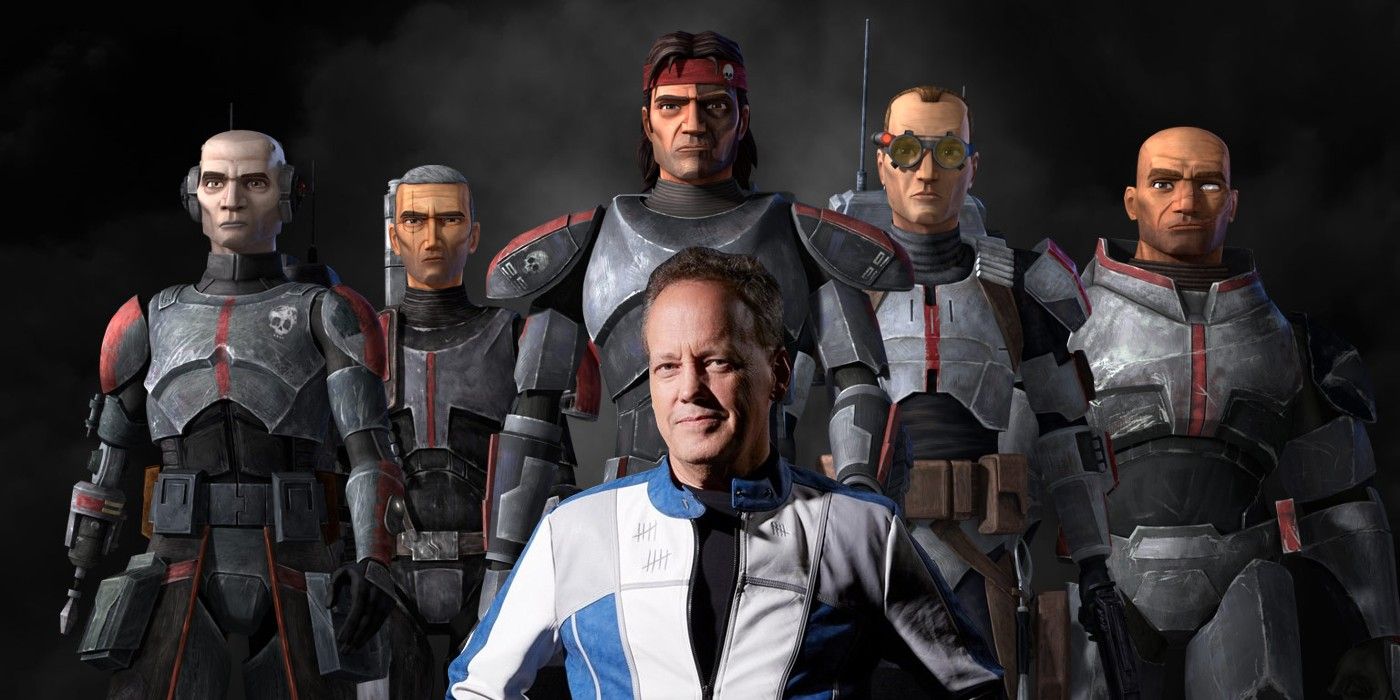 Voice actor Dee Bradley Baker and the main characters of Star Wars The Bad Batch