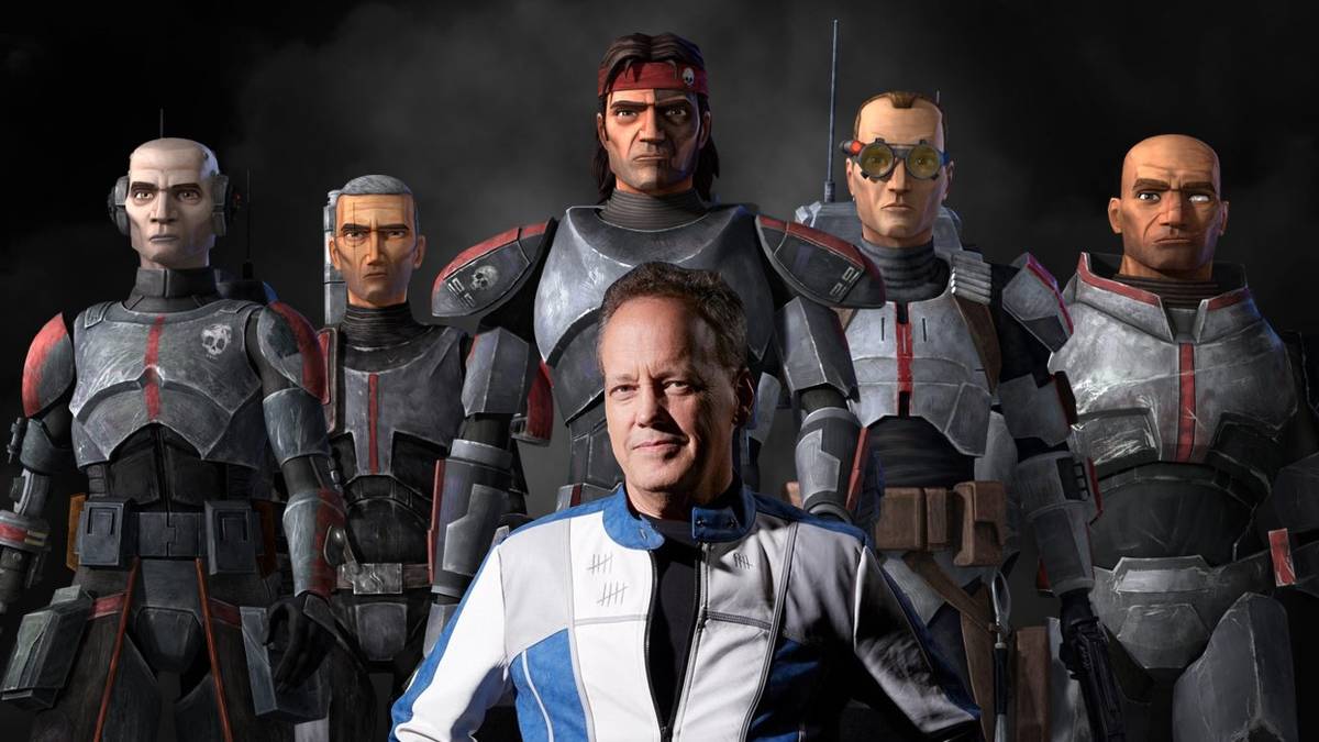 Voice actor Dee Bradley Baker and the main characters of Star Wars The Bad Batch