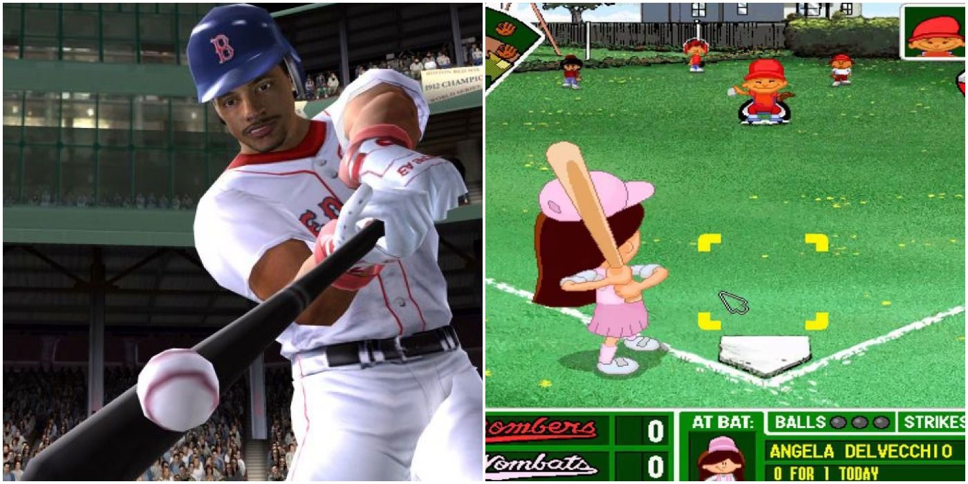 (Left) Promotional image of batter from MVP Baseball 2005 (Right) Batting in Backyard Baseball