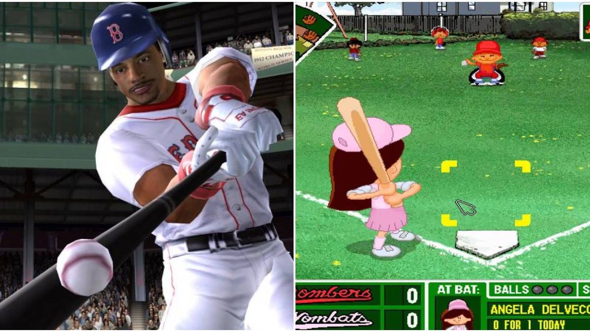 (Left) Promotional image of batter from MVP Baseball 2005 (Right) Batting in Backyard Baseball