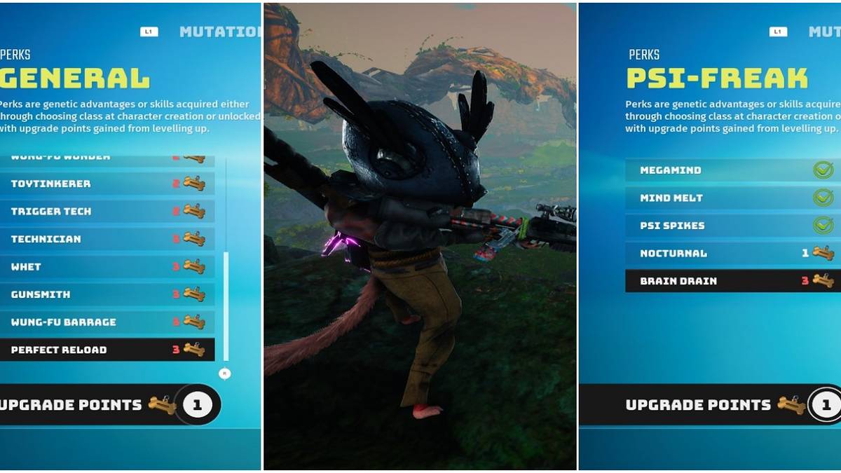 perk selection screens (left & right); Biomutant character (center)