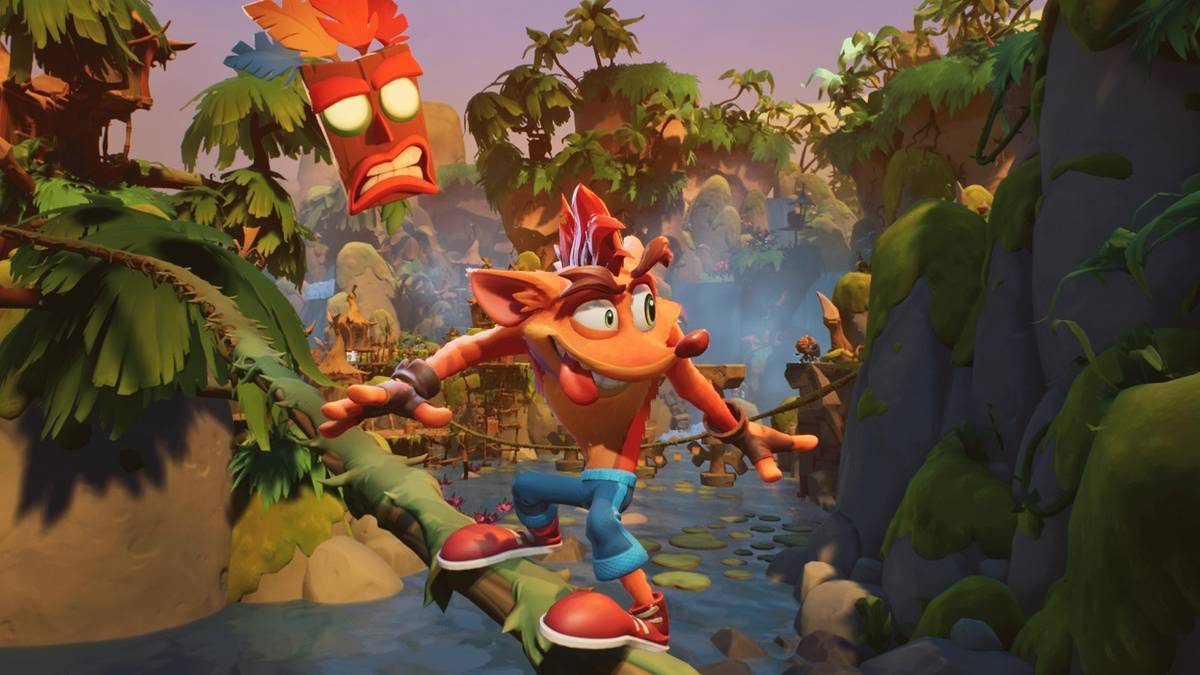 Crash Bandicoot rail grinding in a jungle