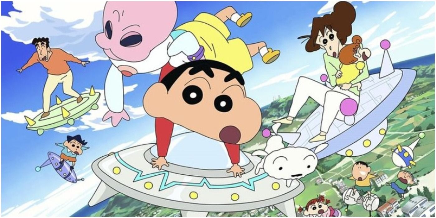Shin-chan floating above a city with aliens