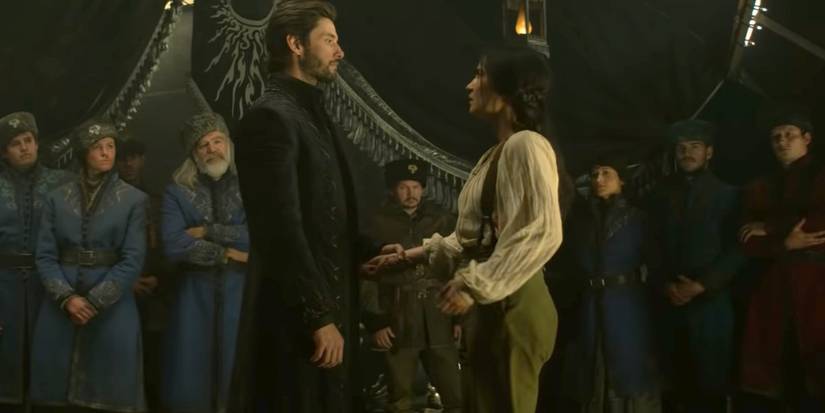 The Darkling/General Kirigan (Ben Barnes) and Alina Starkov (Jessie Mei Li) first meeting in Shadow and Bone