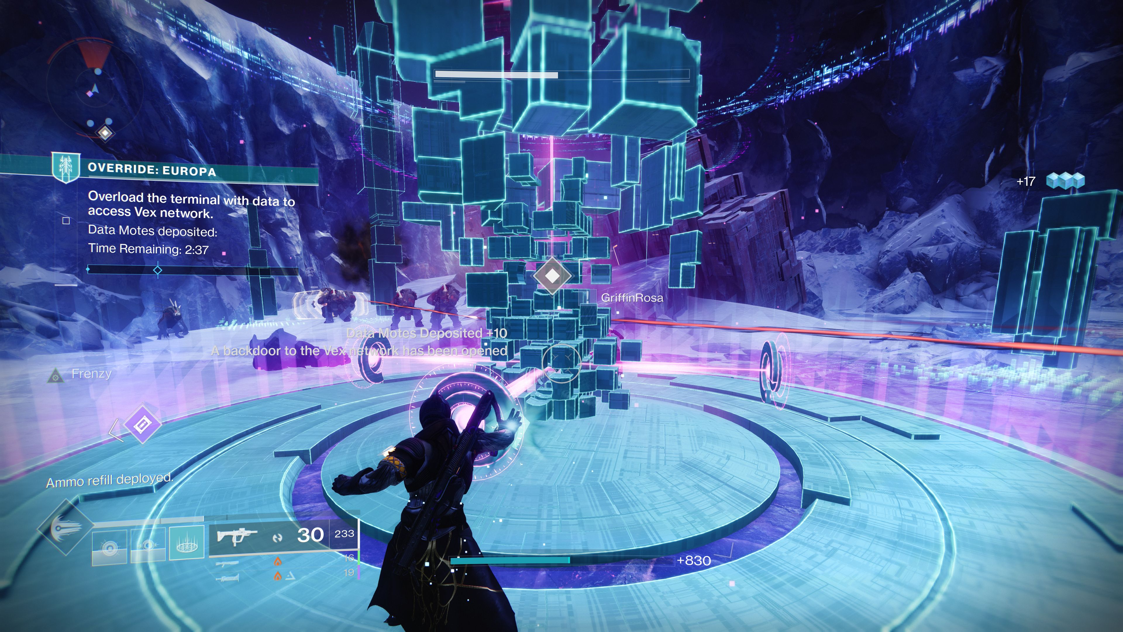 guardian depositing motes into vex tower terminal