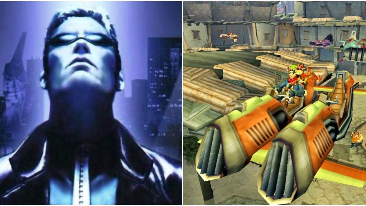 (Left) Deus Ex front cover (Right) Jak and Daxter in flying vehicle