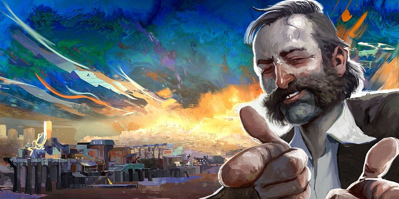 Artwork of Disco Elysium showing a man giving the "gun fingers" to the camera.