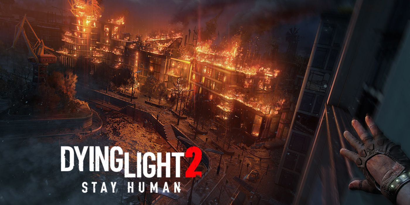 dying light 2 aiden overlooking burning city