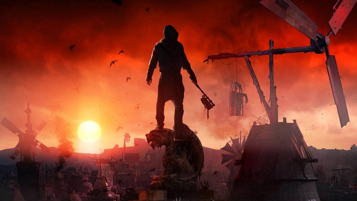 dying light 2 key art featuring a silhouette with an axe against a red background