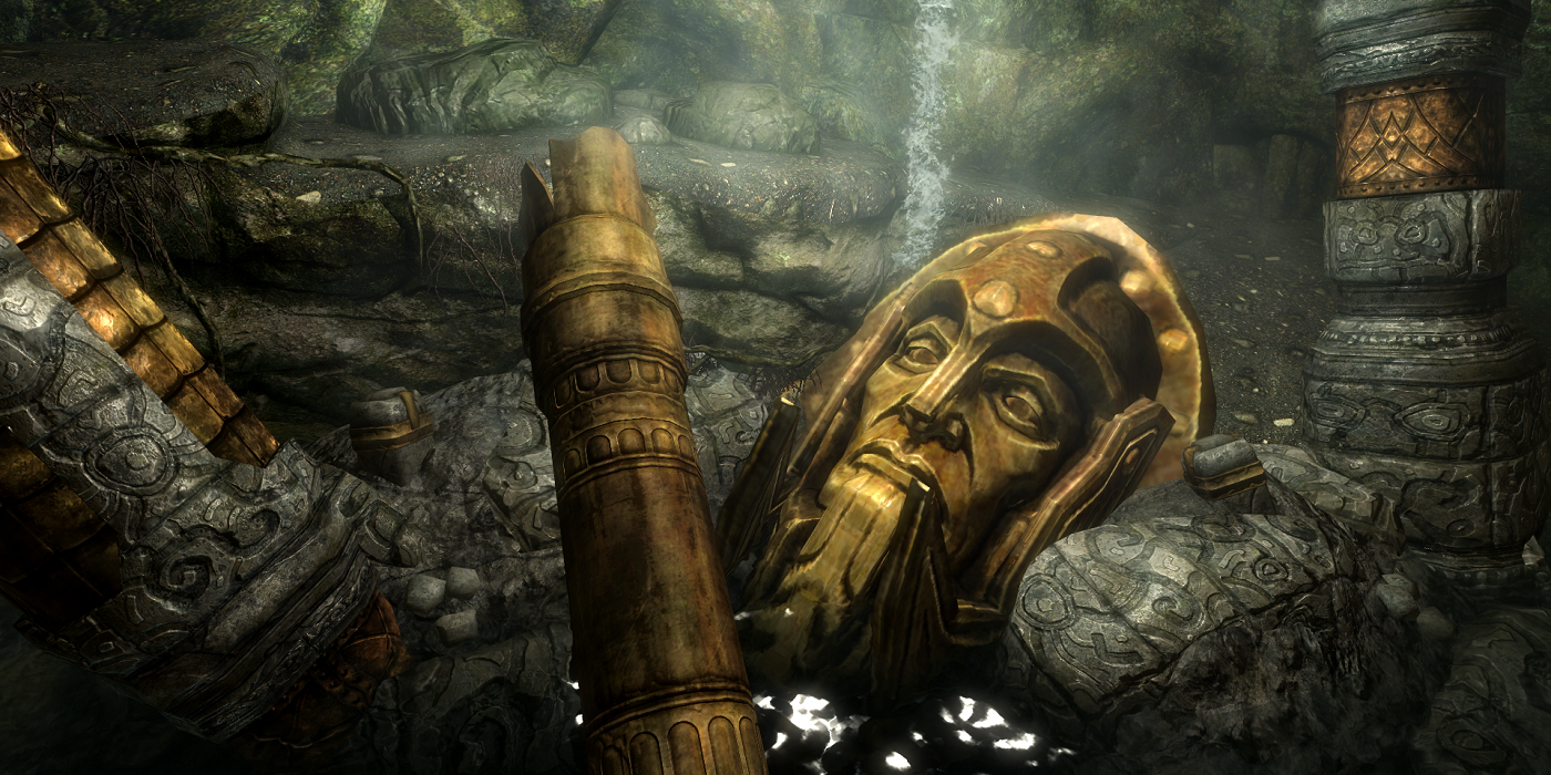 Скриншот из Elder Scrolls, показывающий сломанную статую двемеров под землей.