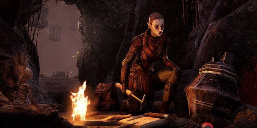 dark elf in a cave, with a campfire nearby