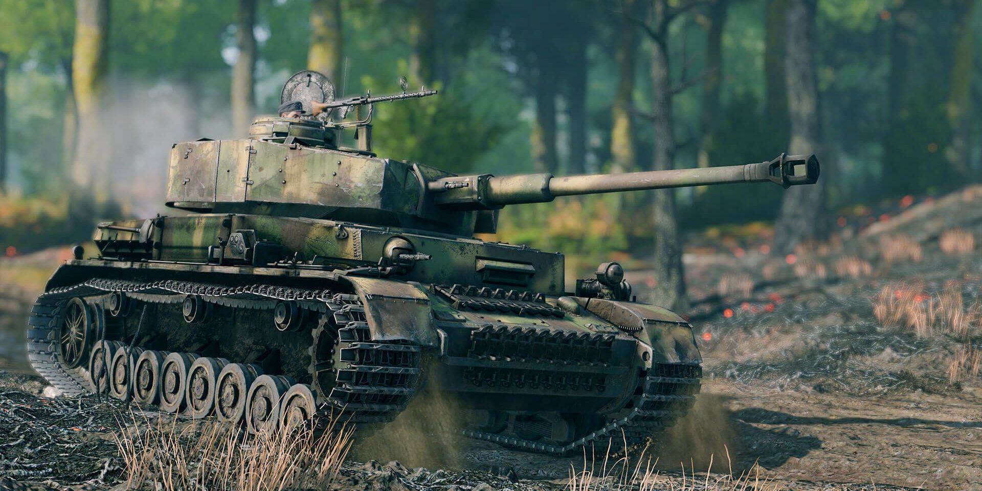 enlisted tank pushes through forest