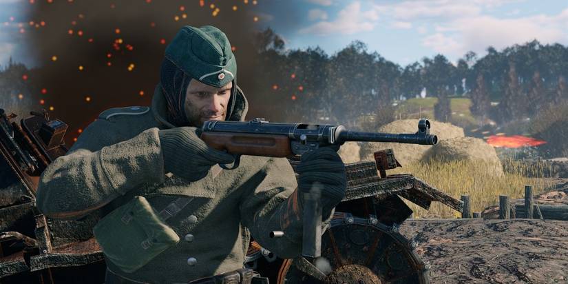 soldier takes aim with sub machine gun