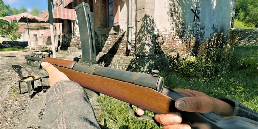 first person view of soldier investigating village for signs of enemy