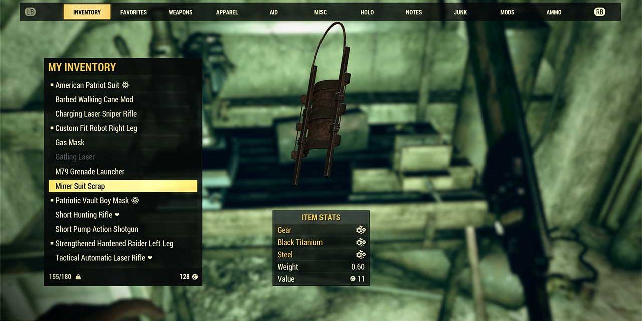 player examining miner suit scrap in the menu.