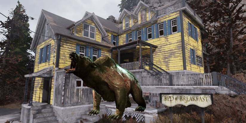 fallout 76 mountainside bed and breakfast with yao guai bear on the steps