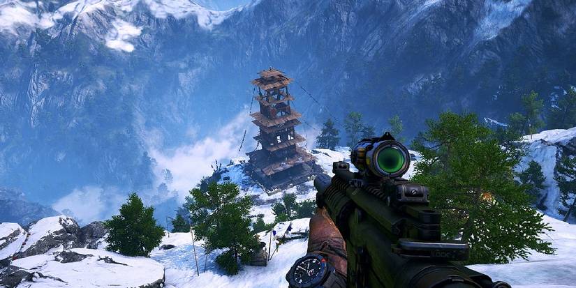 player looking at a bell tower with a gun in hand.