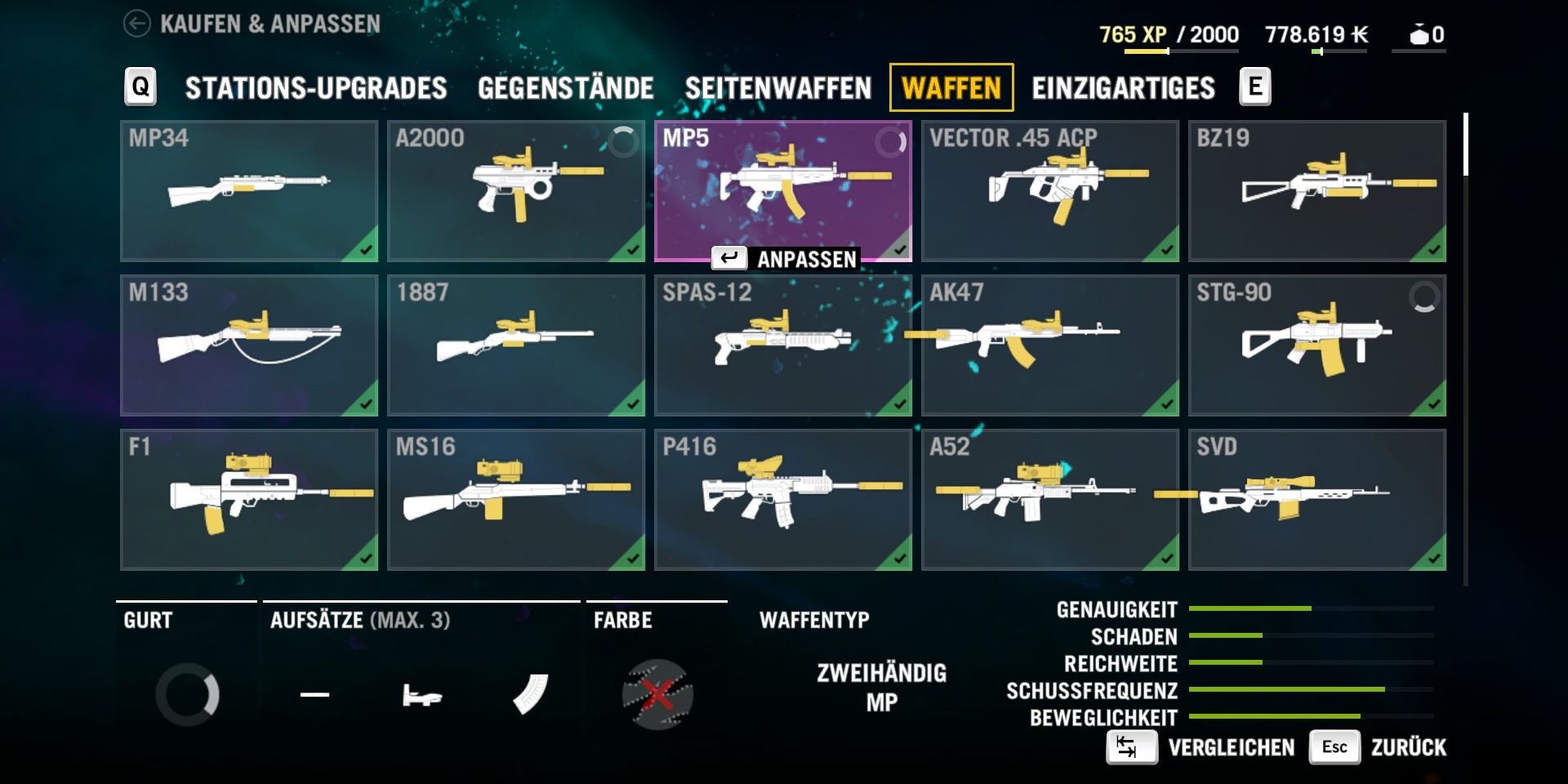 menu showing all of the player's guns and their attachments.