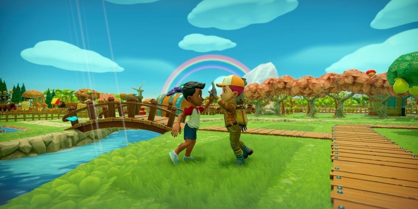 Tierras de cultivo con un arco iris de fondo y personajes chocando las palmas.