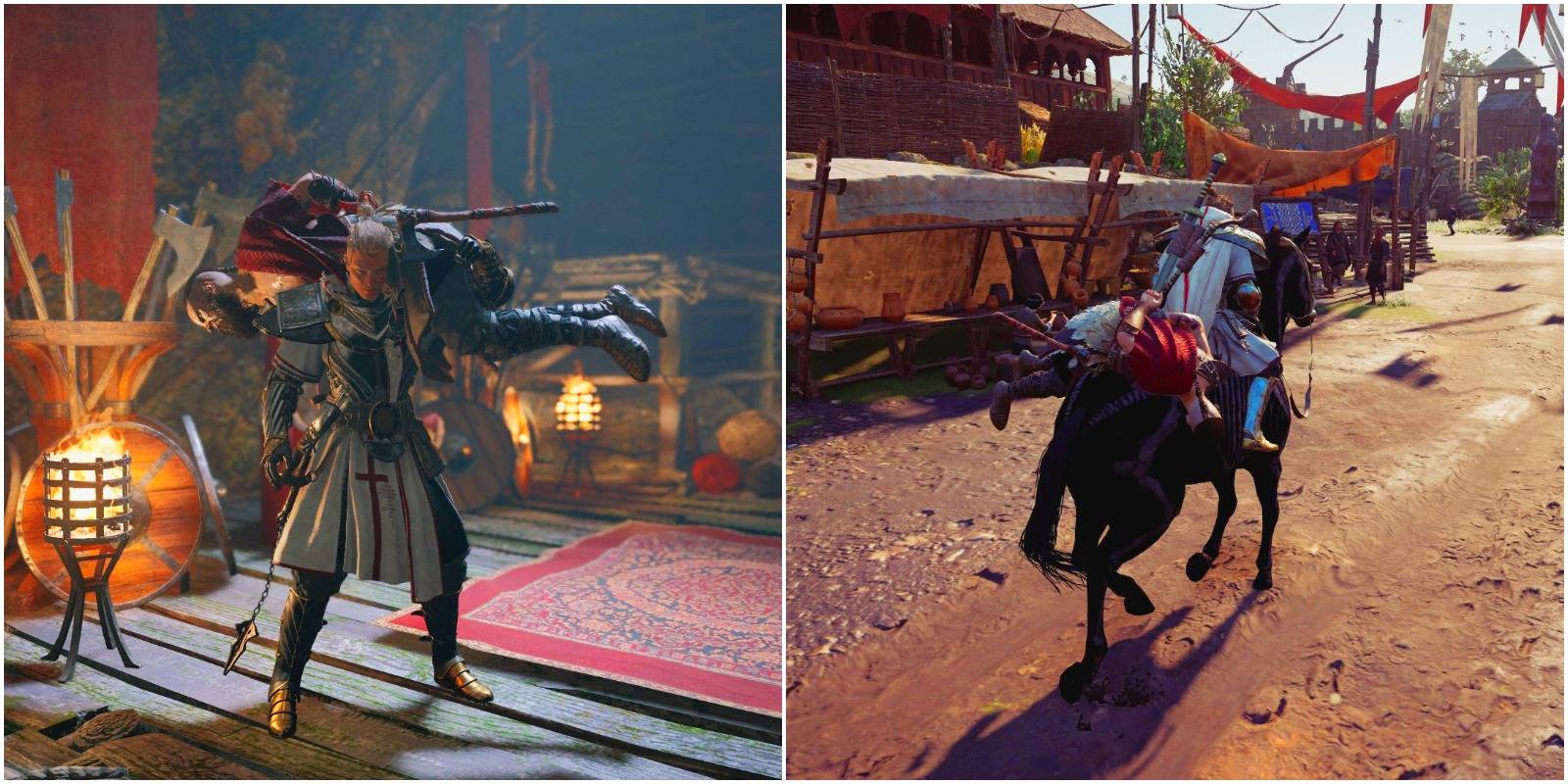 eivor carrying and then riding away with a bound thorstein on horseback.