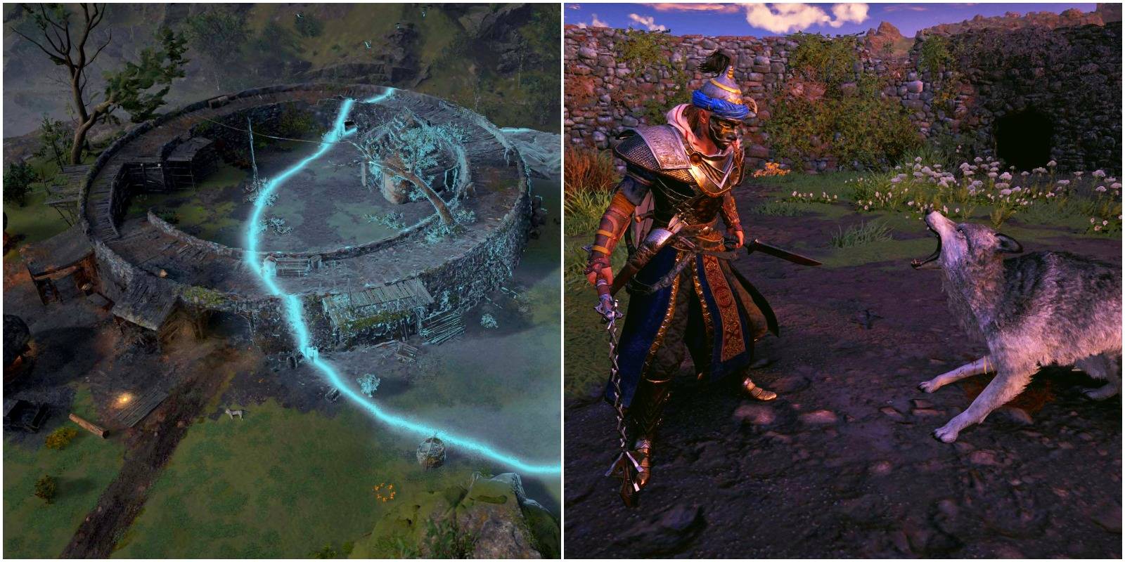 drumlish location from above and eivor fighting a wolf.