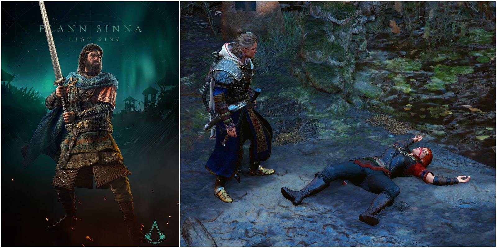 flann sinna poster art, and eivor next to a drunk ciara.