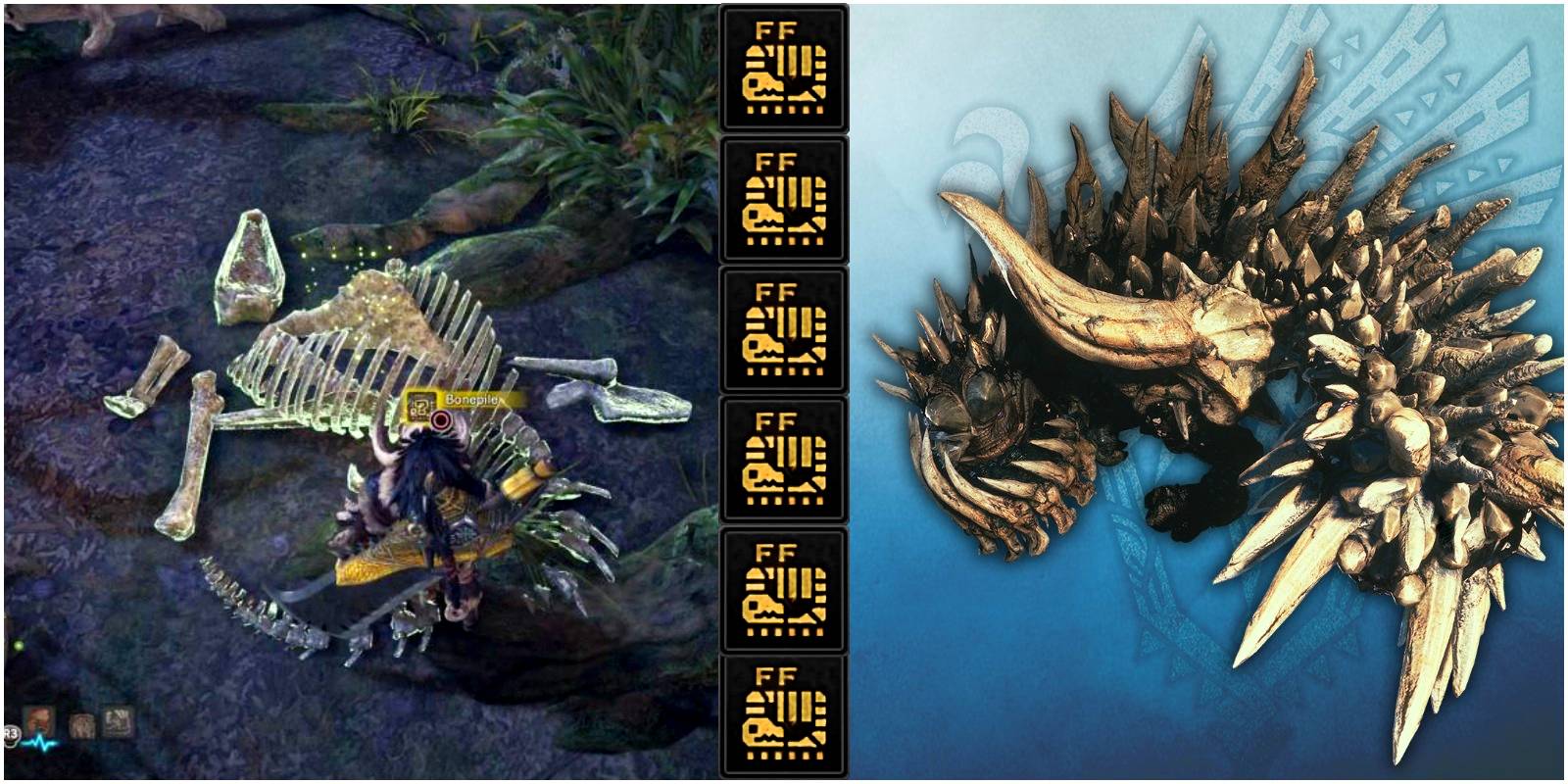 a bonepile and a radobaan separated by warped bone icons.