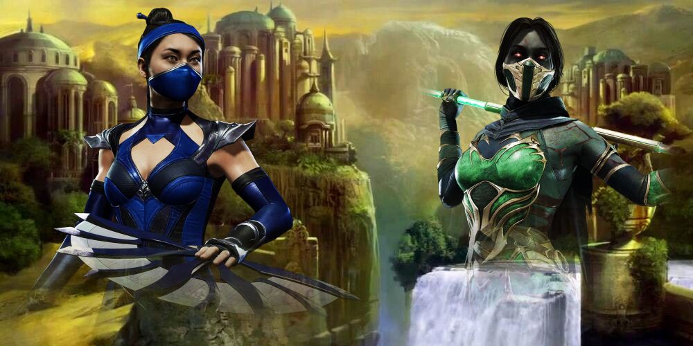 kitana and jade in front of art of edenia's palaces.