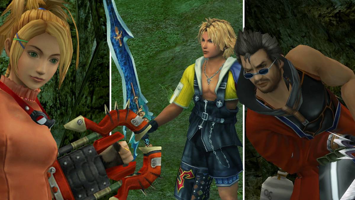 Rikku, Tidus and Auron wielding their Celestial Weapons in Final Fantasy X