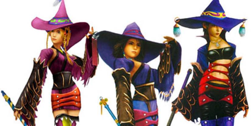 final fantasy x-2 yuna, rikku and paine in black mage dresspheres