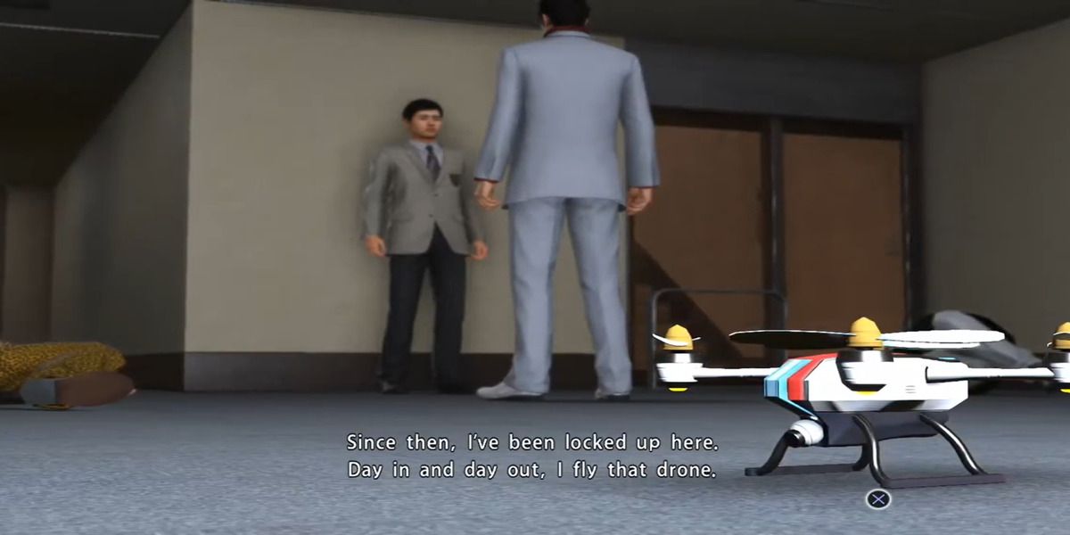 A drone on the floor as two men talk