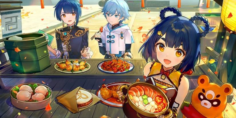 genshin impact official artwork xiangling chongyun xingqiu food liyue