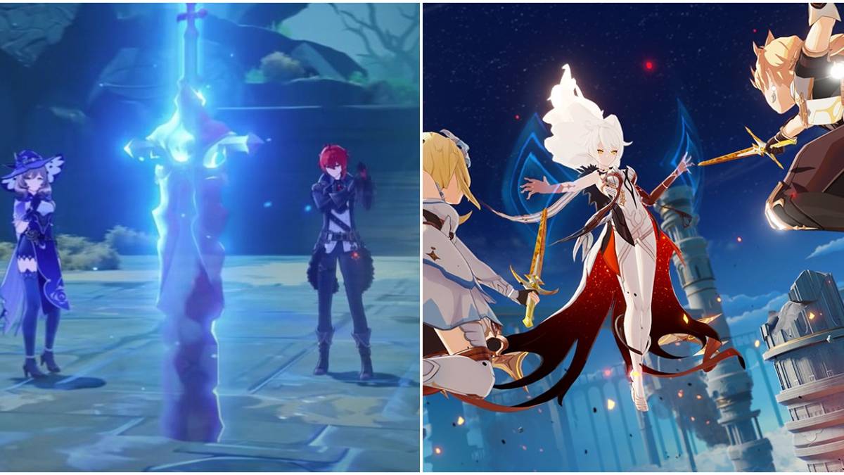 lisa and diluc (left); lumine, aether, and unknown god (right)