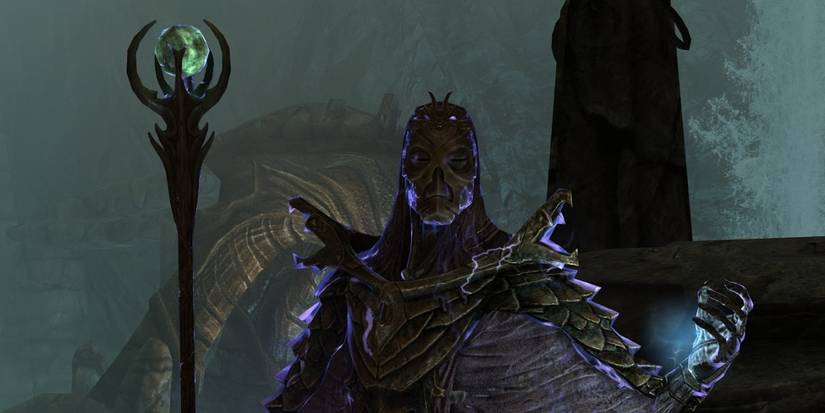 Morekei holding staff Elder Scrolls V Skyrim