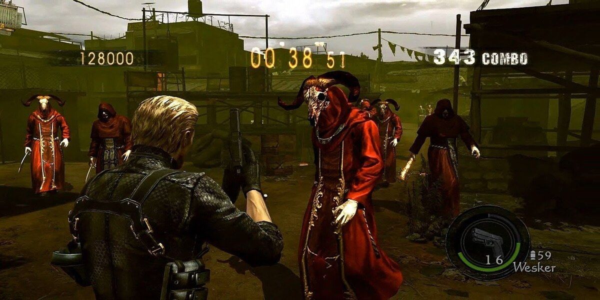 Resident Evil Mercenaries aiming gun at demonic zombie in industrial area