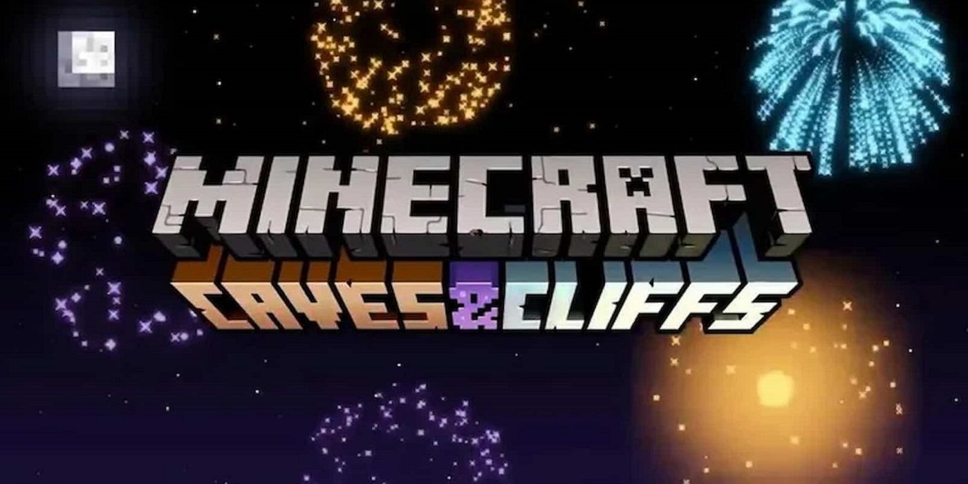 Логотип Minecraft Caves & Cliffs с фейерверком на заднем плане.
