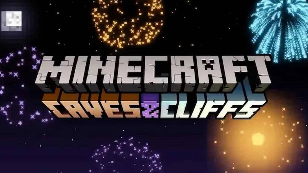 Minecraft Caves & Cliffs logo with fireworks in the background.