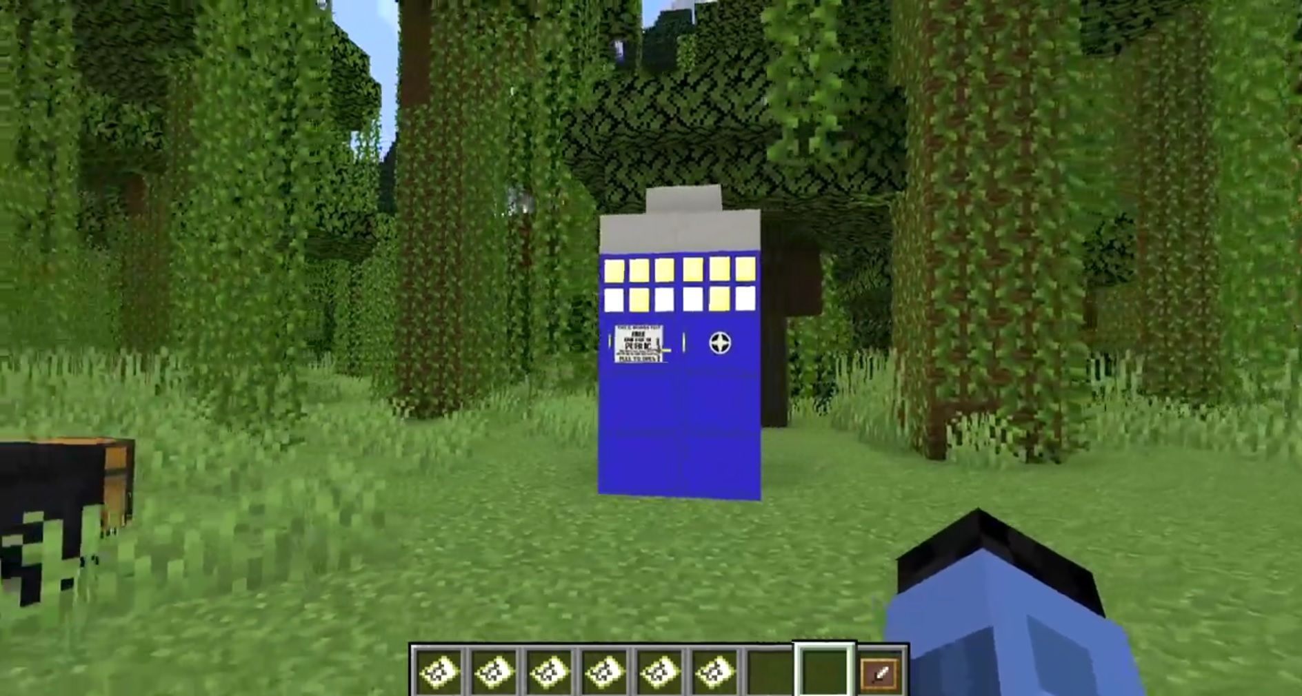 Screenshow showing a Doctor Who TARDIS in the Minecraft