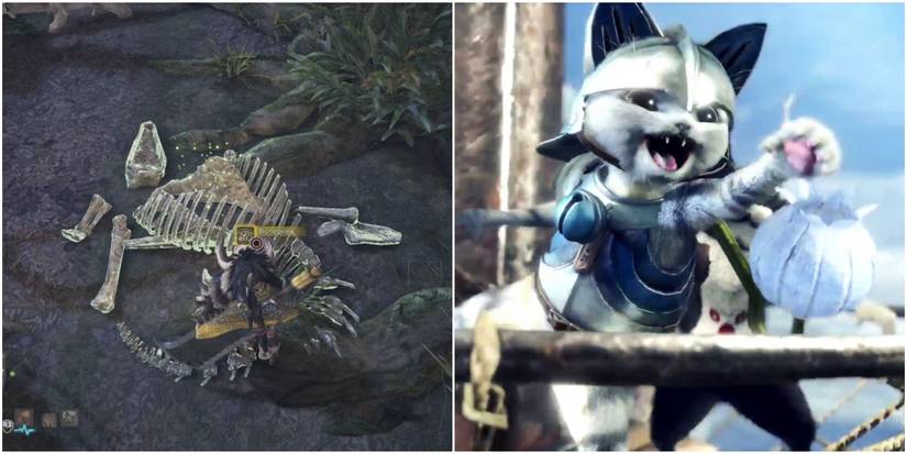player harvesting a bonepile and a palico on safari.