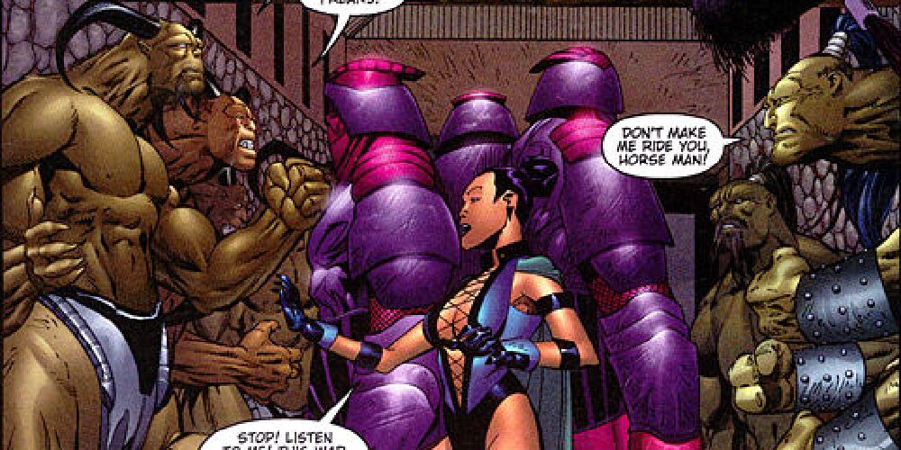 kitana trying to calm a conflict between shokan and centaurians.