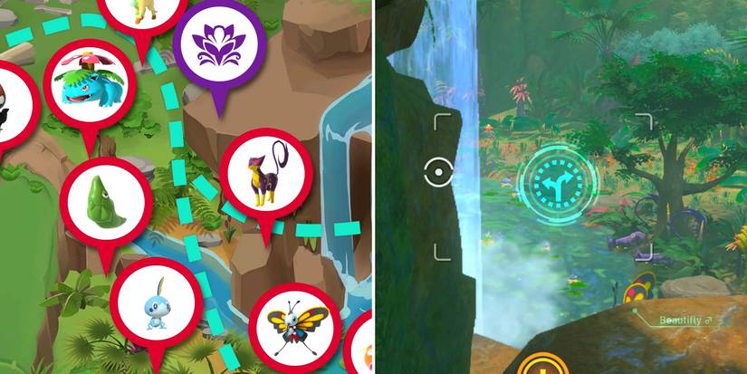 The behind the waterfall route in the Founja Jungle course in New Pokemon Snap