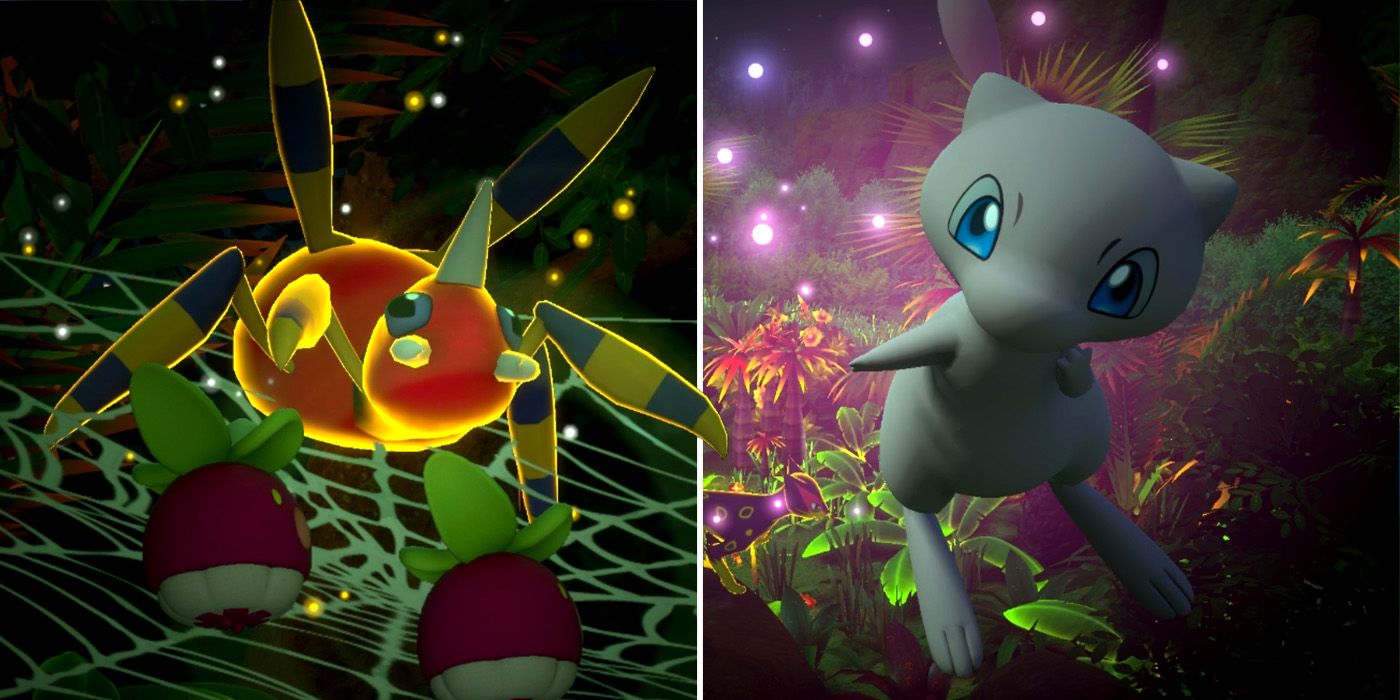 Ariados and Mew in the Founja Jungle (Night) course in New Pokemon Snap