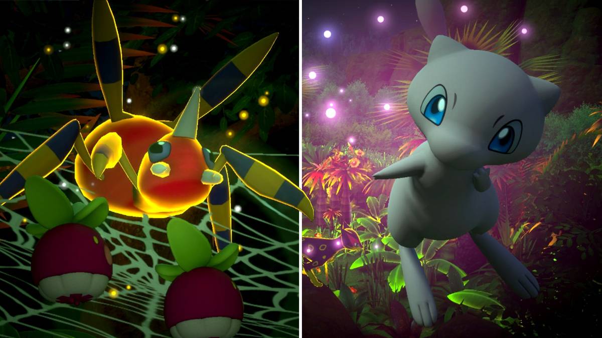 Ariados and Mew in the Founja Jungle (Night) course in New Pokemon Snap