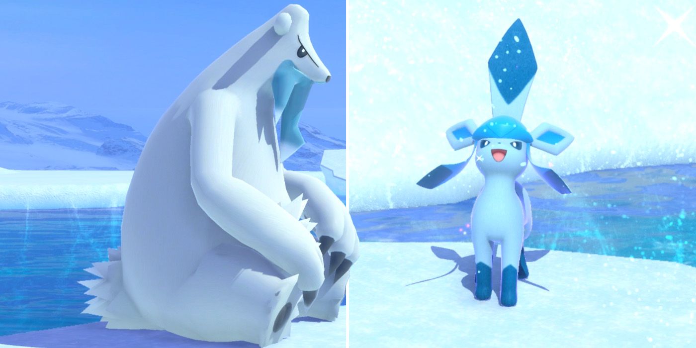 Beartic and Glaceon in the Shiver Snowfields (Day) course in New Pokemon Snap