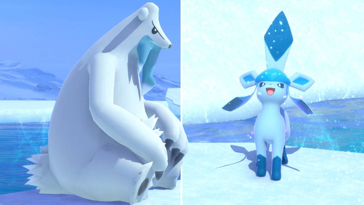 Beartic and Glaceon in the Shiver Snowfields (Day) course in New Pokemon Snap