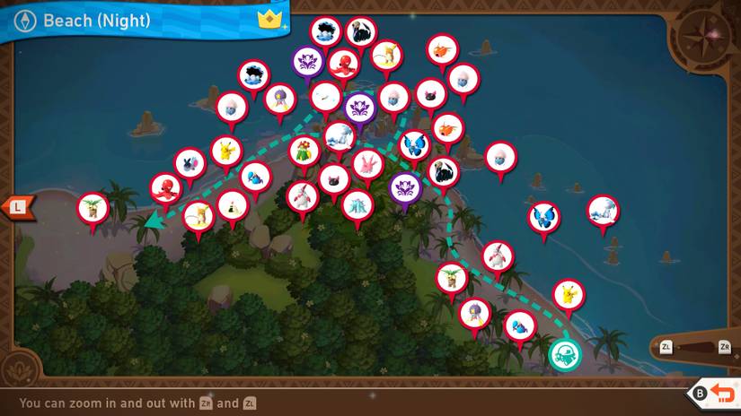 A complete map of the Blushing Beach (Night) course in New Pokemon Snap