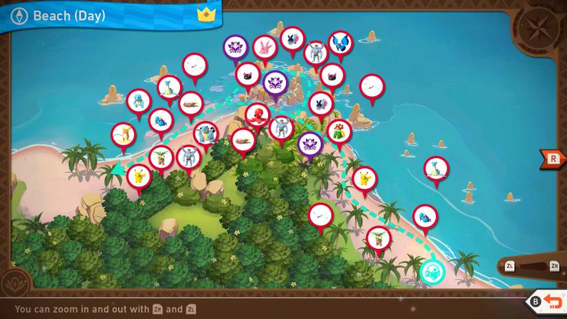 A complete map of the Blushing Beach (Day) course in New Pokemon Snap