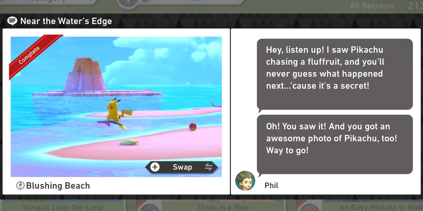 The Near the Water's Edge request in the Blushing Beach (Day) course in New Pokemon Snap