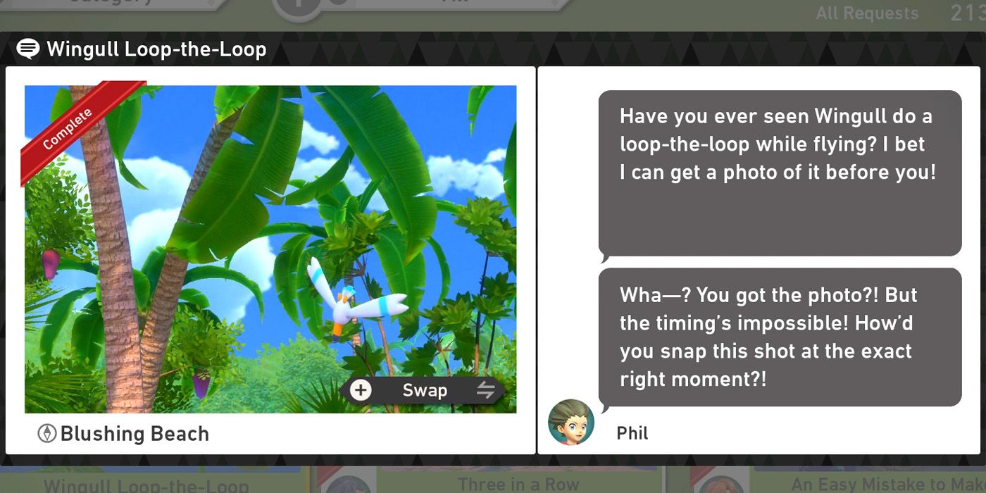 The Wingull Loop-the-Loop request in the Blushing Beach (Day) course in New Pokemon Snap