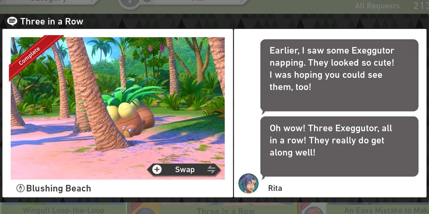The Three in a Row request in the Blushing Beach (Day) course in New Pokemon Snap